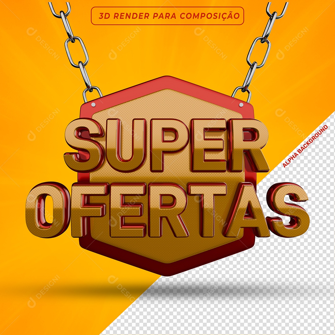 Selo 3D Super Ofertas Dourado e Vermelho para Composição PSD