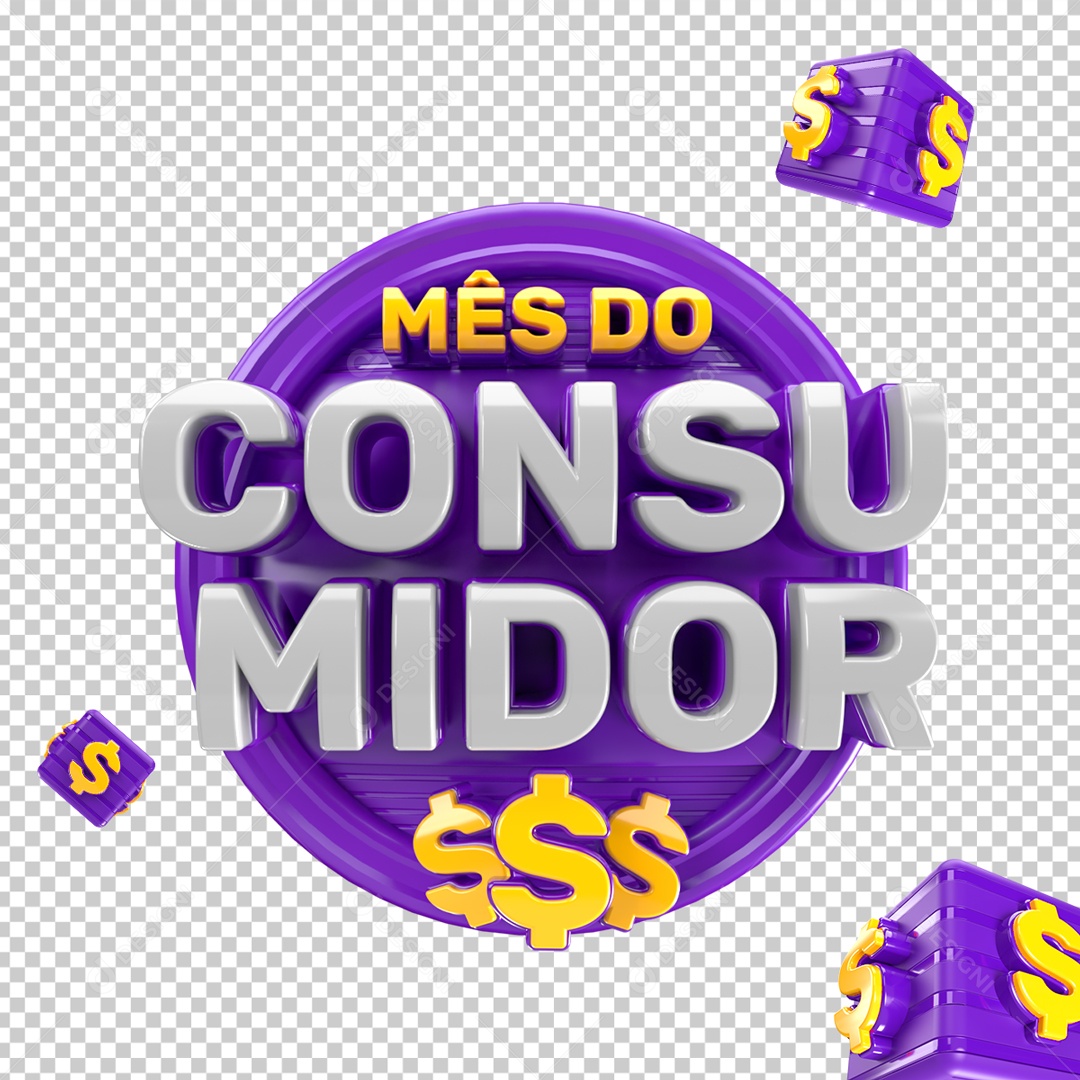 Mês do Consumidor Selo 3D Amarelo Roxo Branco para Composição PSD