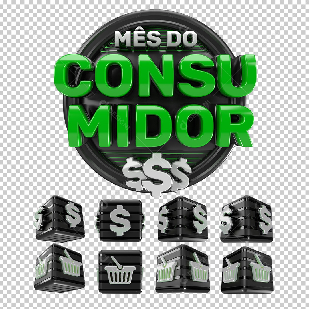 Mês do Consumidor Selo 3D Preto Verde para Composição PSD