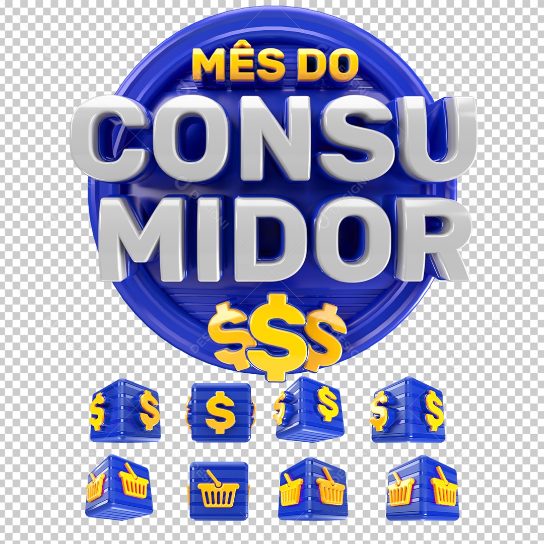 Mês do Consumidor Selo 3D Azul Branco Amarelo para Composição PSD