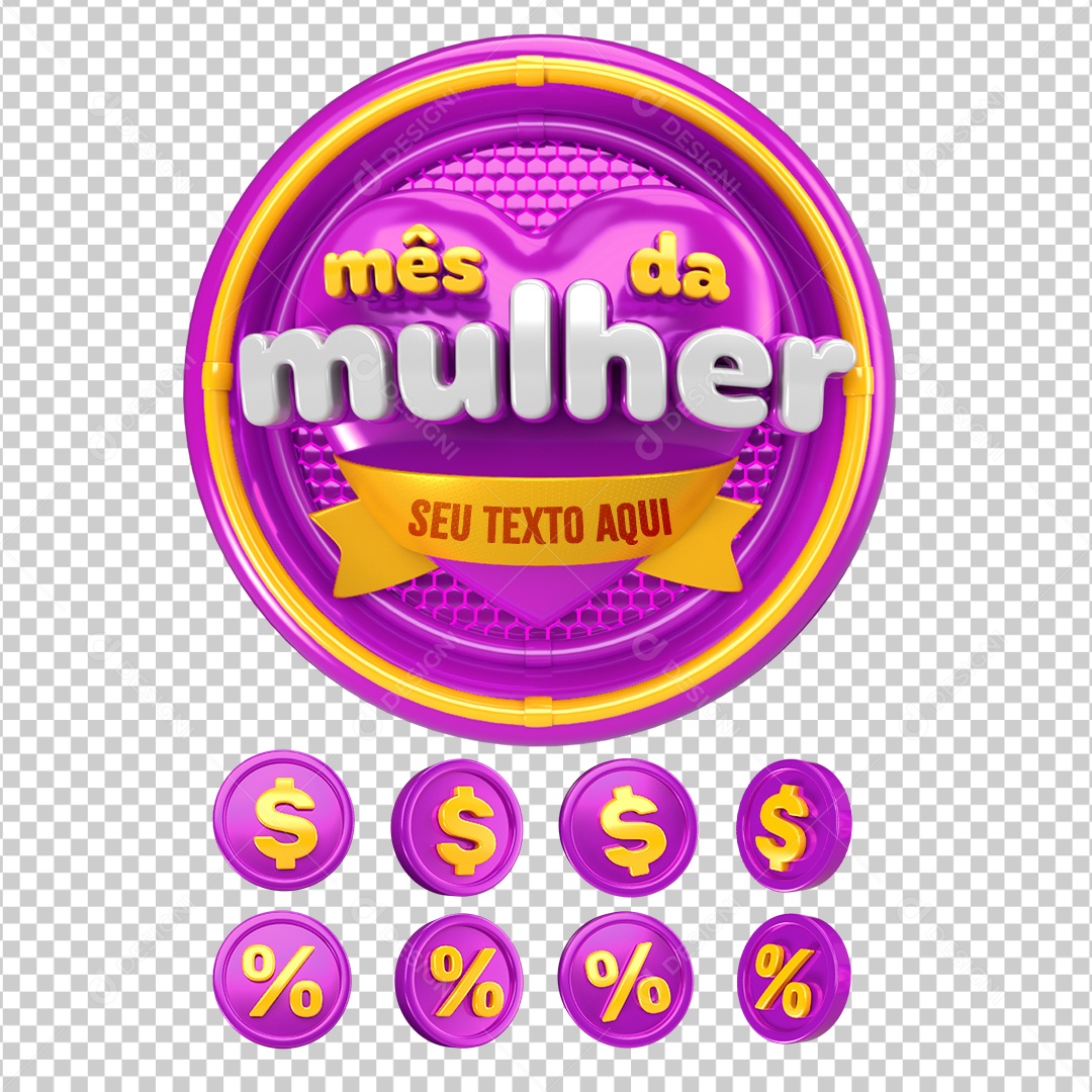 Mês da Mulher Selo 3D Roxo Branco Amarelo para Composição PSD