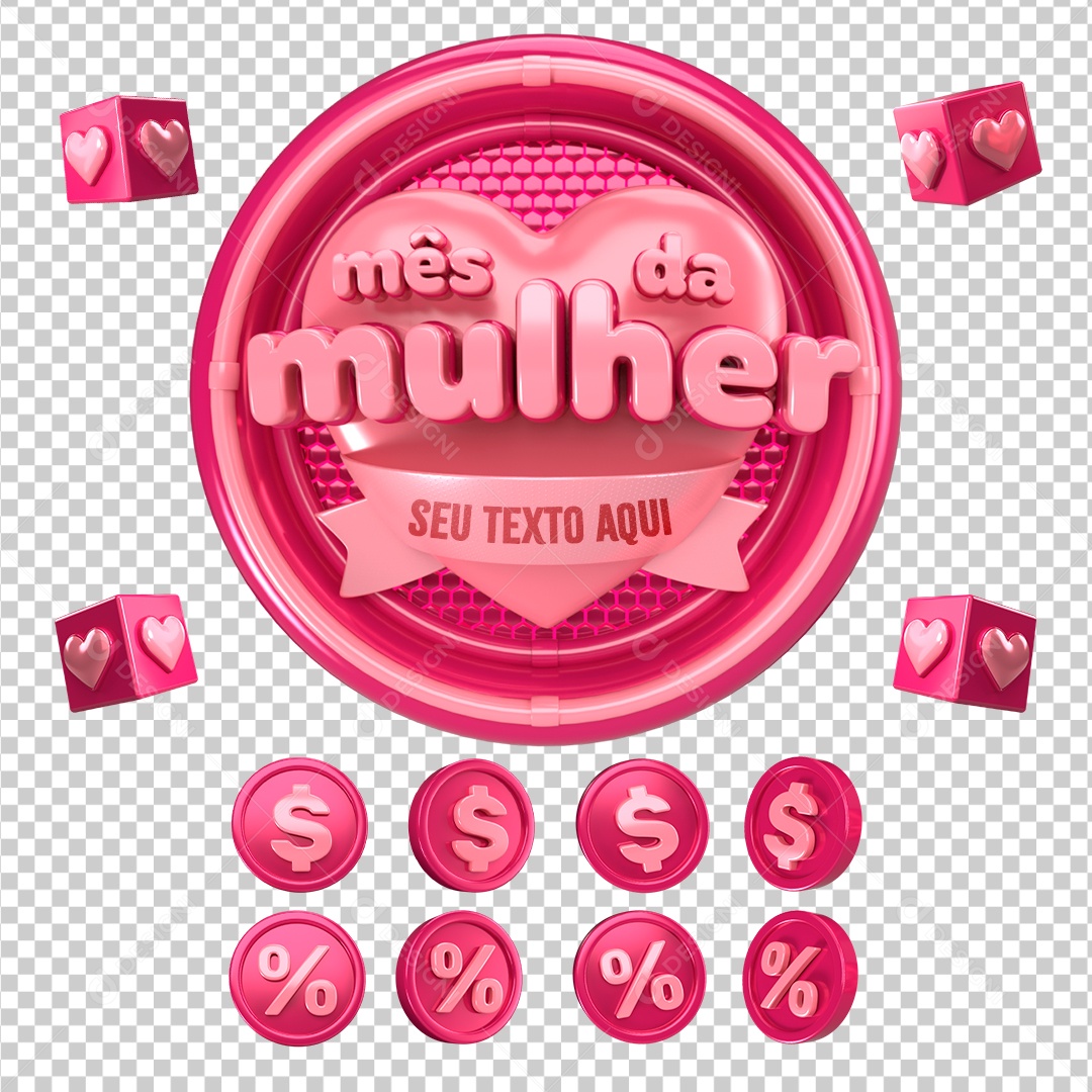 Mês da Mulher Selo 3D Rosa para Composição PSD
