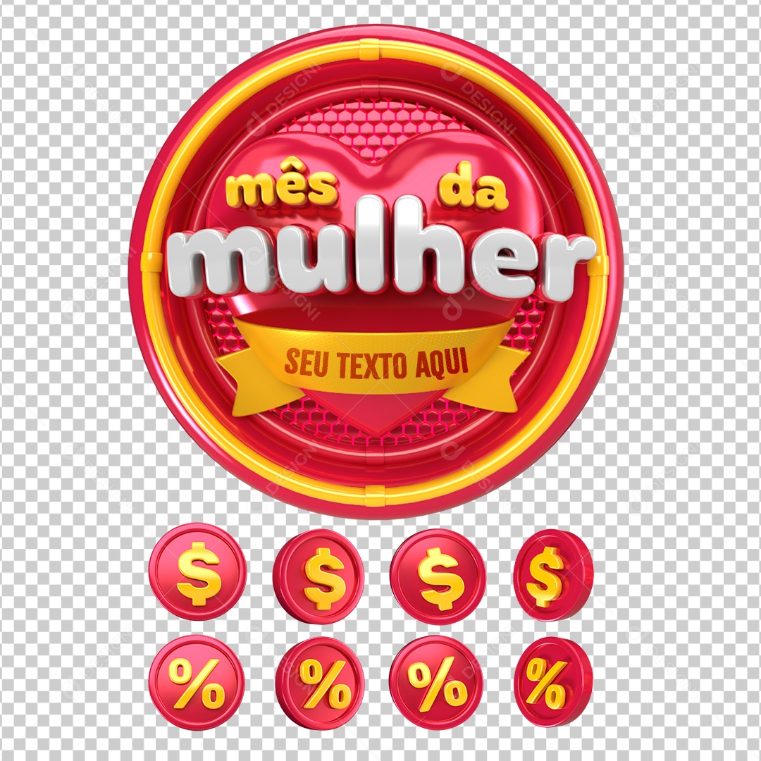 Mês da Mulher Selo 3D Vermelho Branco Amarelo para Composição PSD