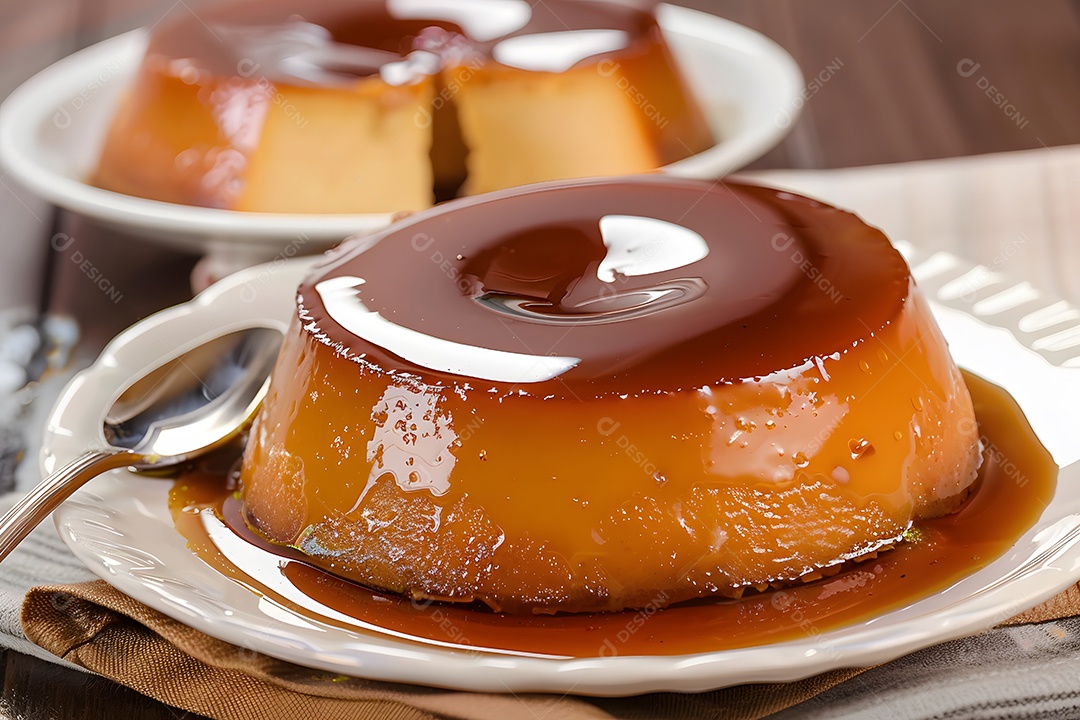 Dois pudins com caramelos e decorados com colher do lado