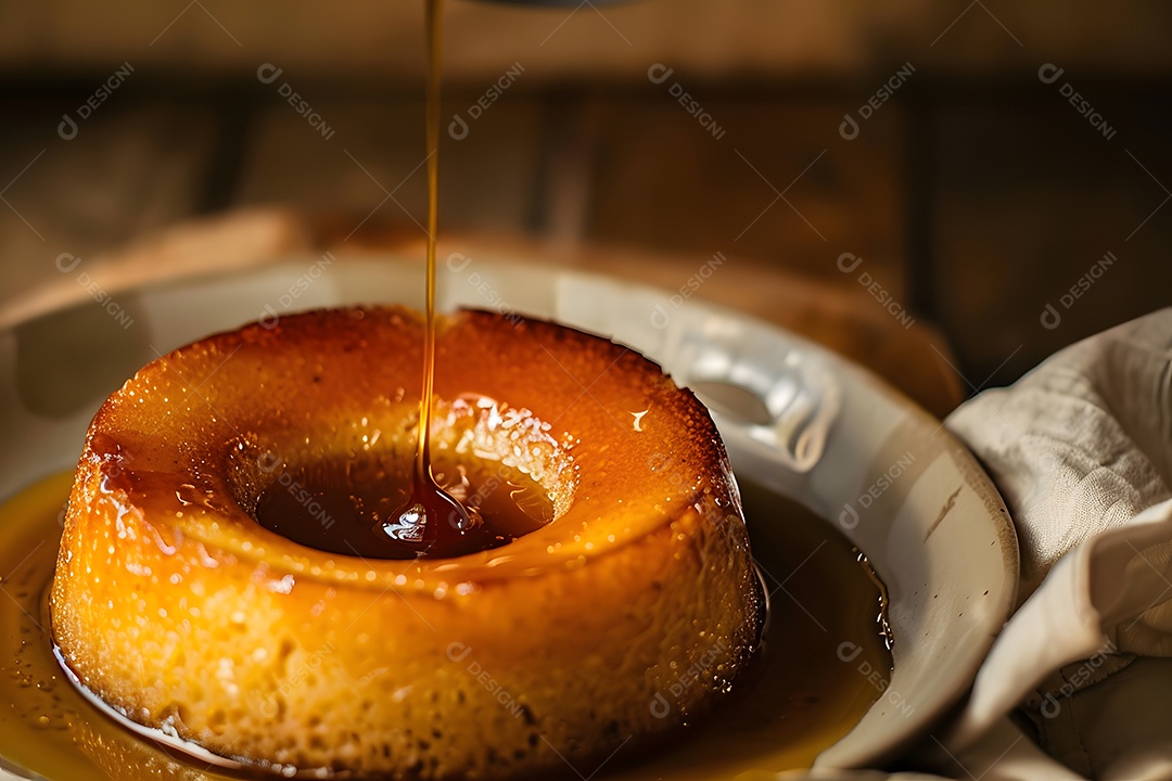 Pudim lindo e saboroso em prato decorado