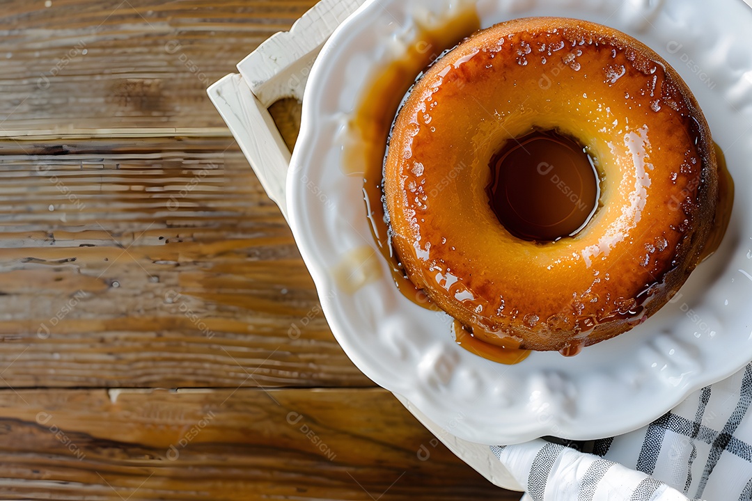 Pudim de leite tradicional brasileiro com calda de açúcar em louça branca