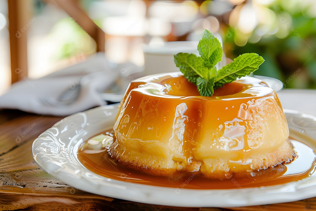 Pudim lindo e saboroso em prato decorado com folhas verdes