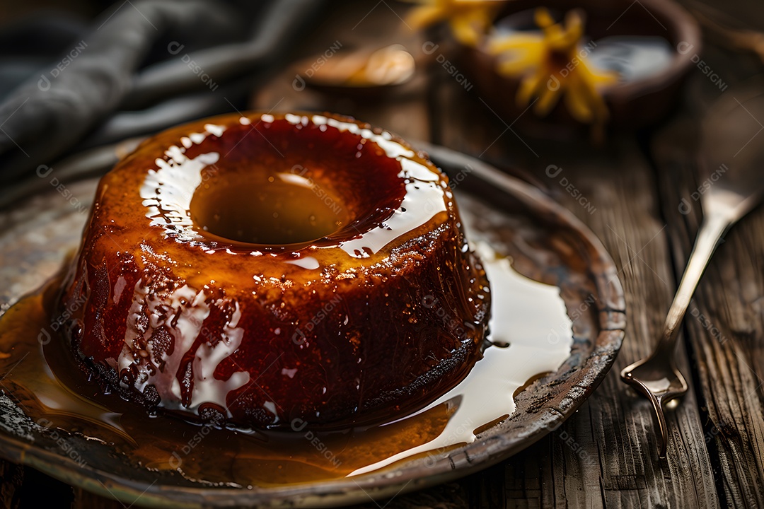 Pudim lindo e saboroso em prato decorado