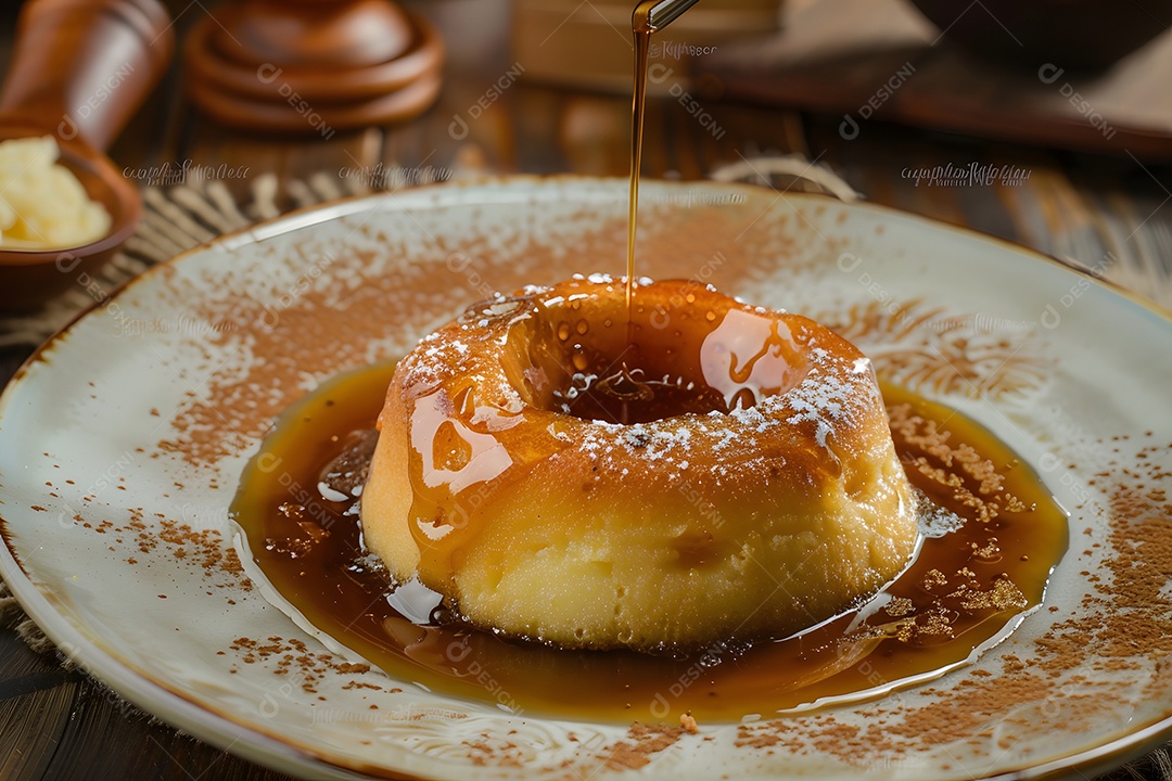 Prato decorado com pudim e calda