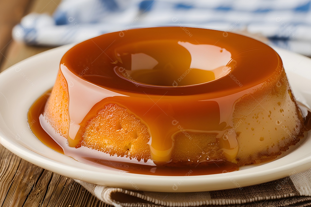 Pudim dentro de prato com caramelo
