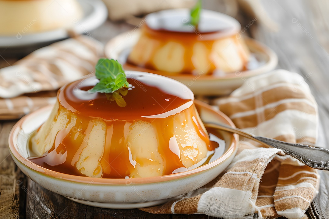 Dois pudins com caramelos e decorados com folhas