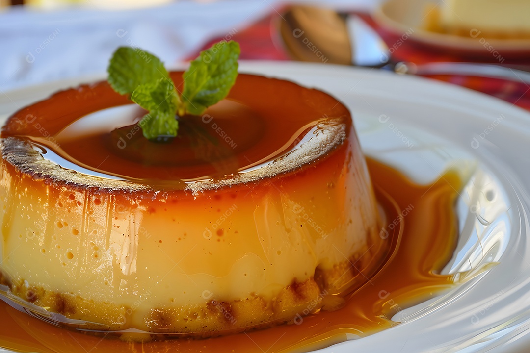 Mini pudim com caramelo decorado com folha verde