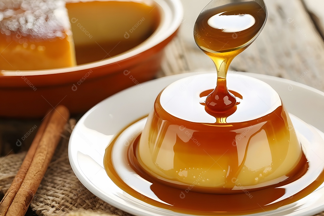 Pudim perto com caramelo