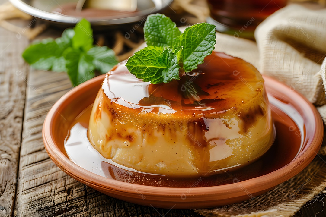 Mini pudim com caramelo decorado com folha verde