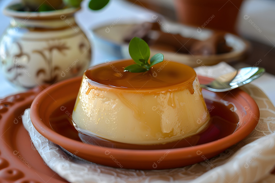 Mini pudim com caramelo decorado com folha verde