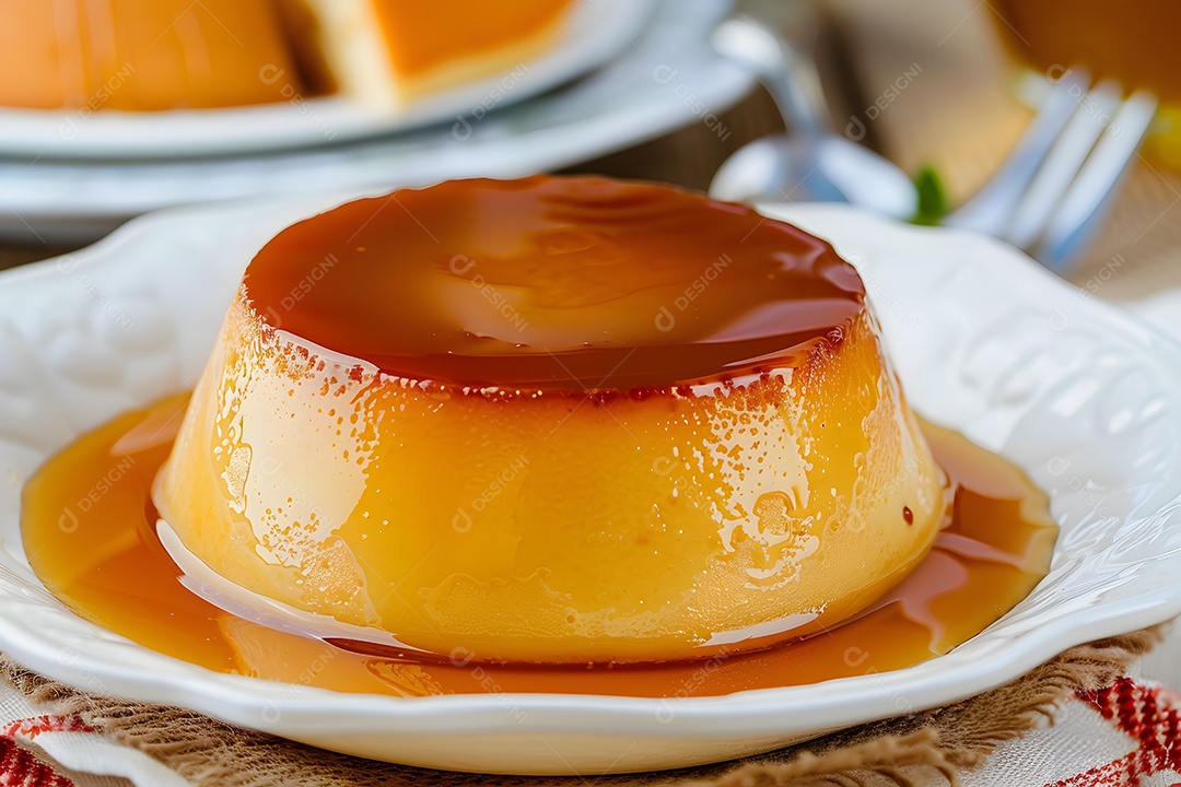 Pudim com bastante caramelo em prato