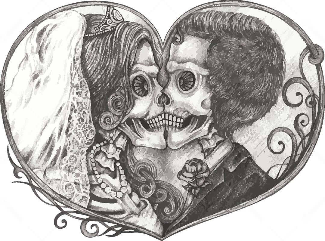 Desenho de Casal Caveira Feito a Mão Vetor EPS