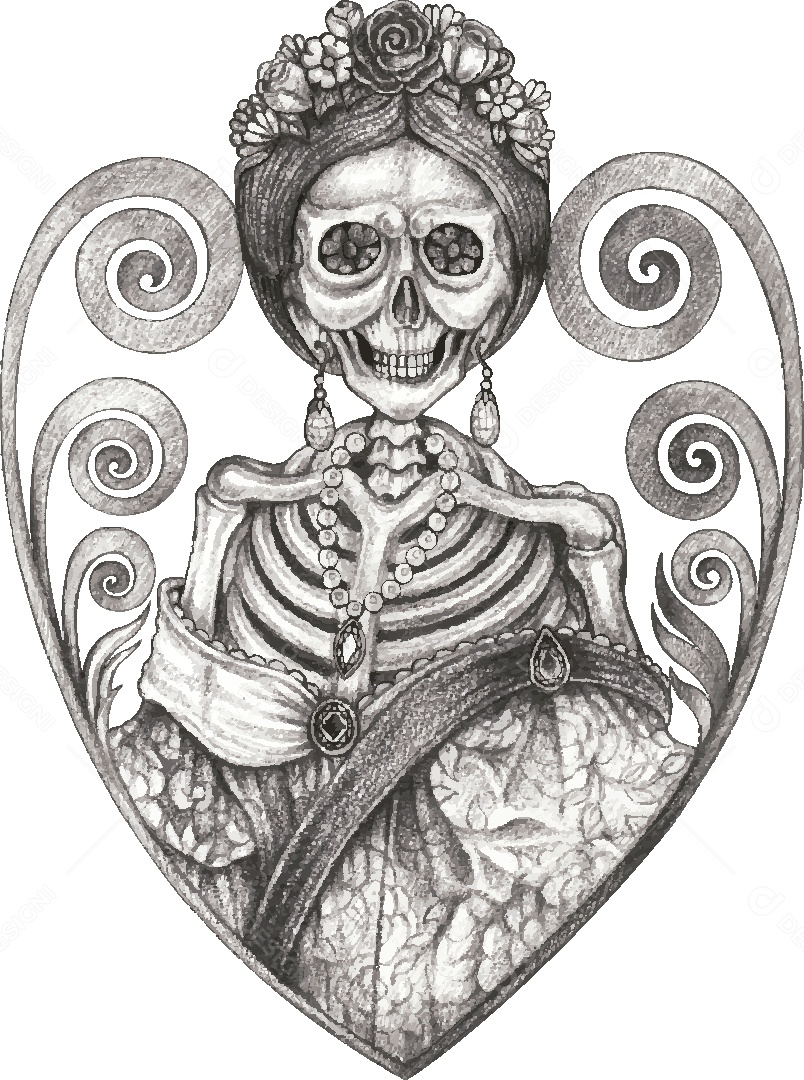 Desenho de Caveira Feminina Feito a Mão Vetor EPS