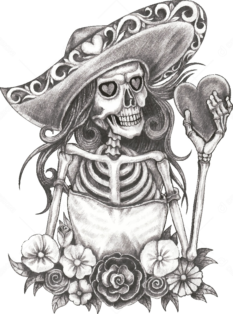 Desenho de Caveira Feminina Feito a Mão Vetor EPS