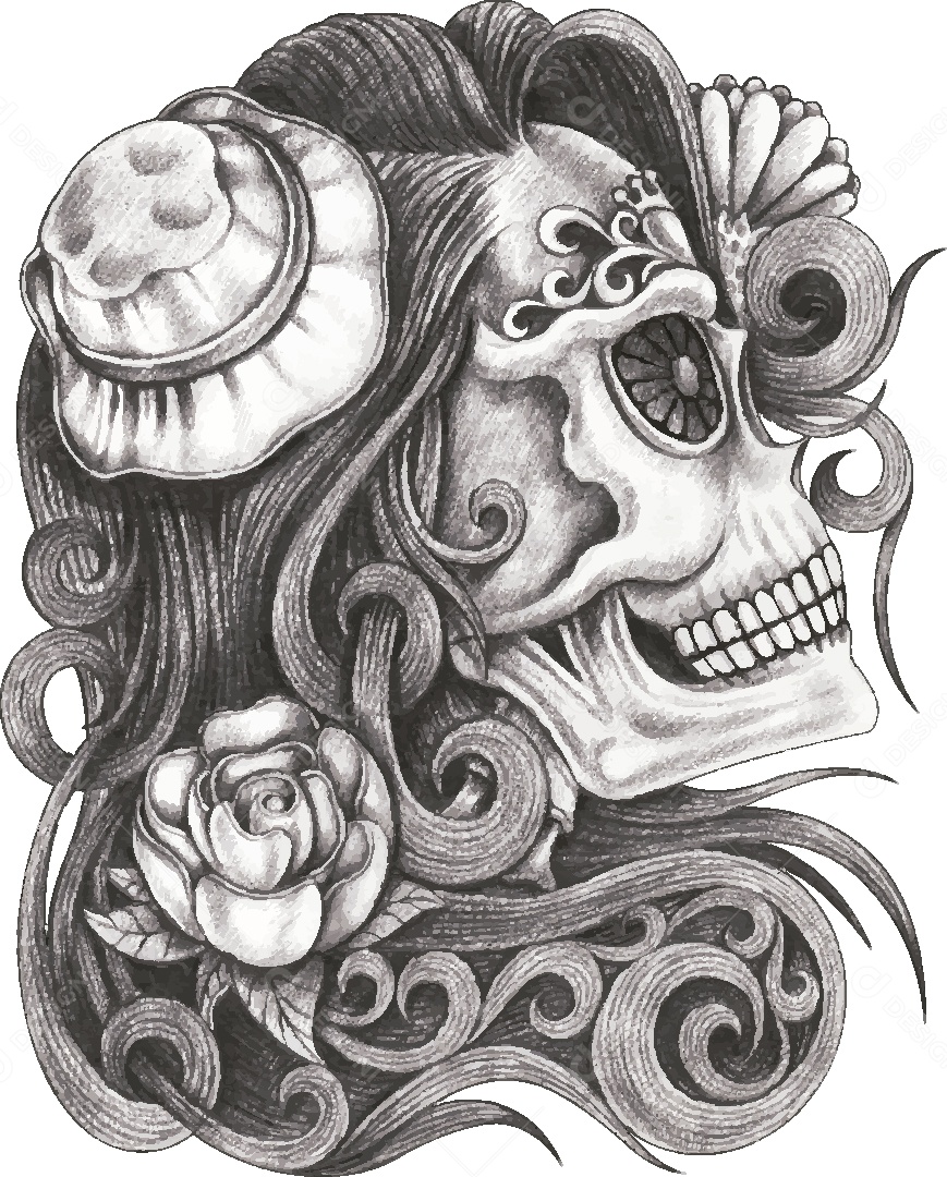 Desenho de Caveira Feminina Feito a Mão Vetor EPS