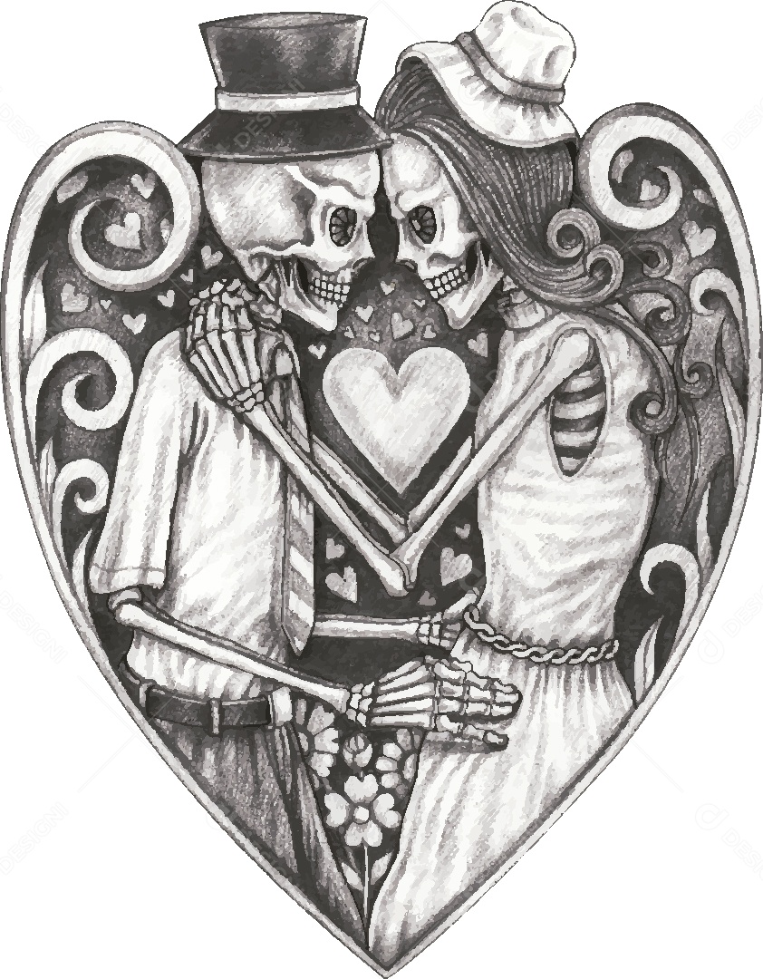 Desenho de Casal Caveira Feito a Mão Vetor EPS