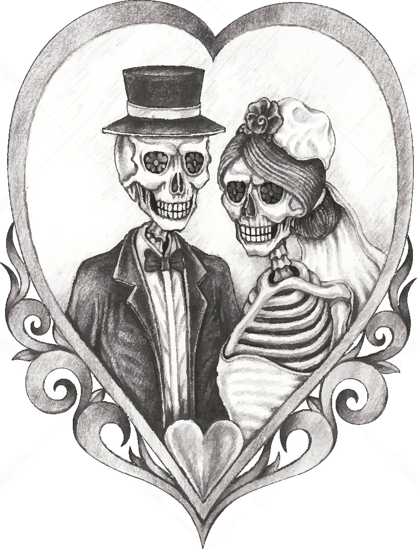 Desenho de Casal Caveira Feito a Mão Vetor EPS