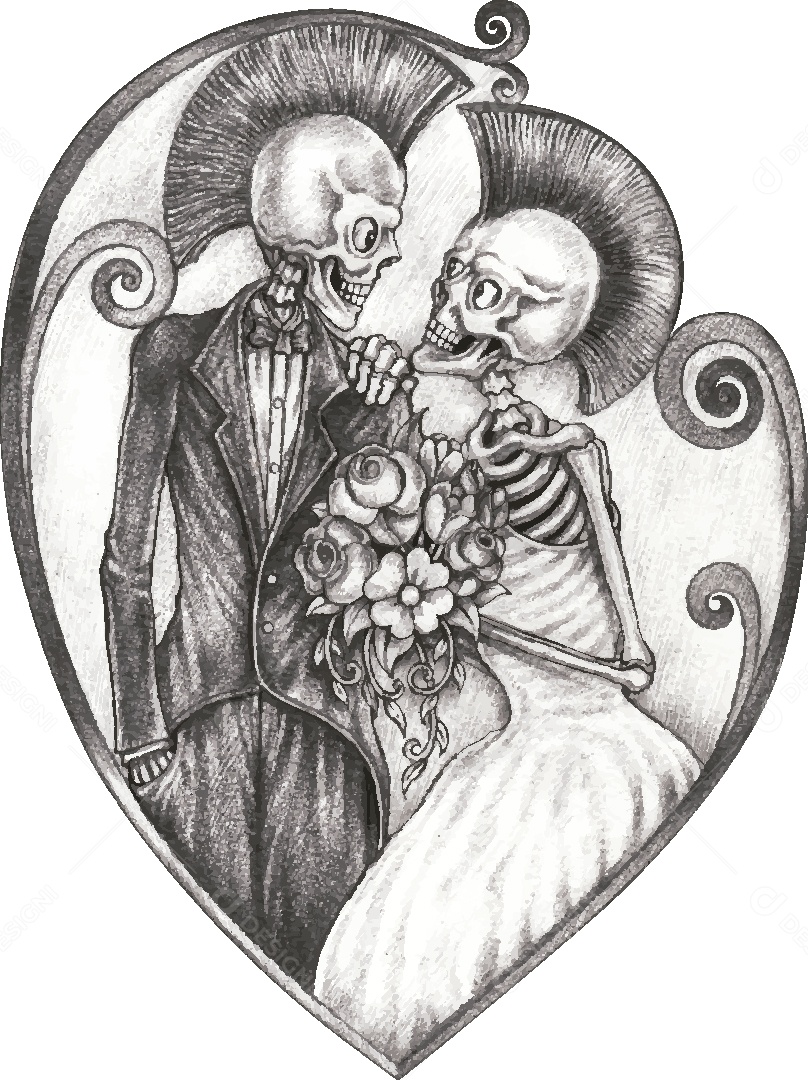 Desenho de Casal Caveira Feito a Mão Vetor EPS