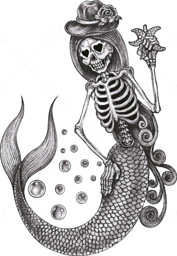 Desenho de Caveira Sereia Feito a Mão Vetor EPS