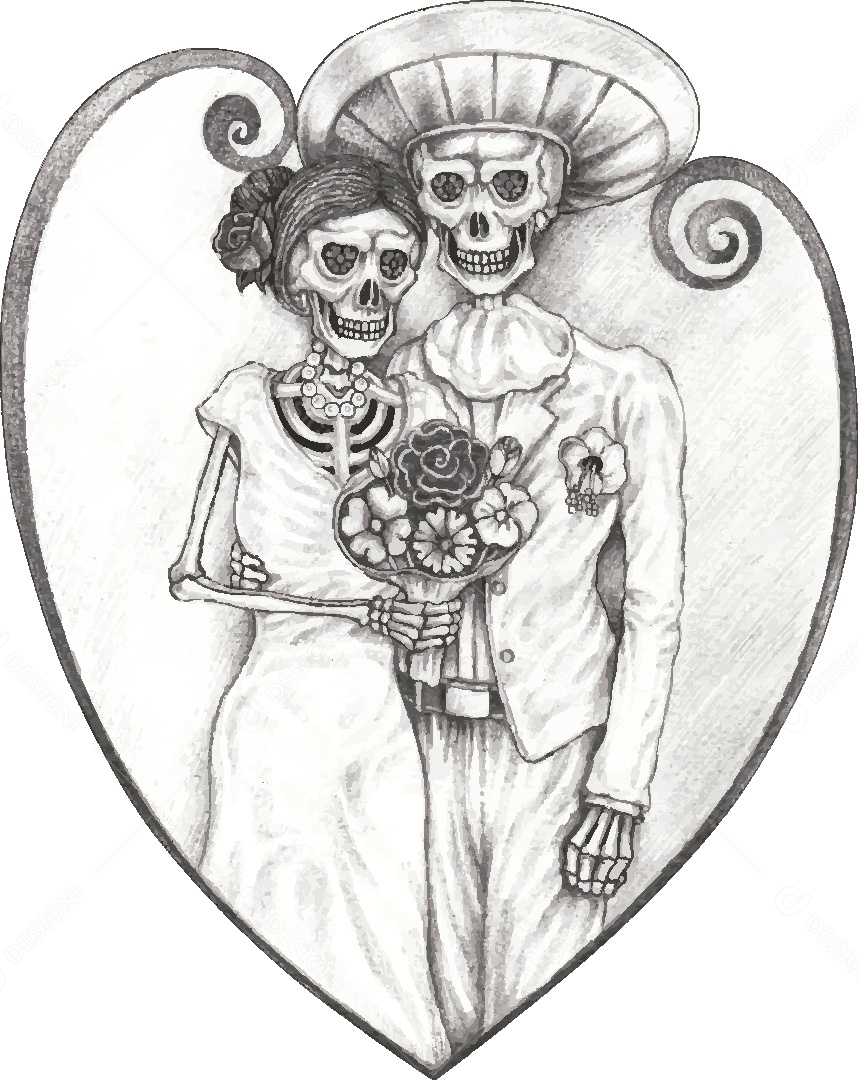 Desenho de Casal Caveira Feito a Mão Vetor EPS