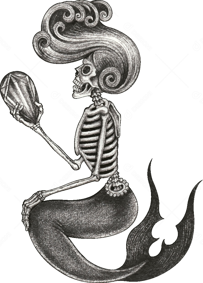 Desenho de Caveira Sereia Feito a Mão Vetor EPS