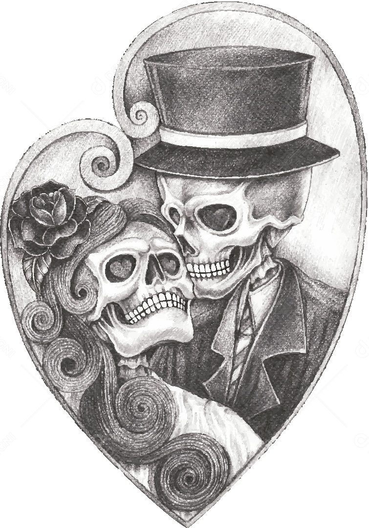 Desenho de Casal Caveira Feito a Mão Vetor EPS