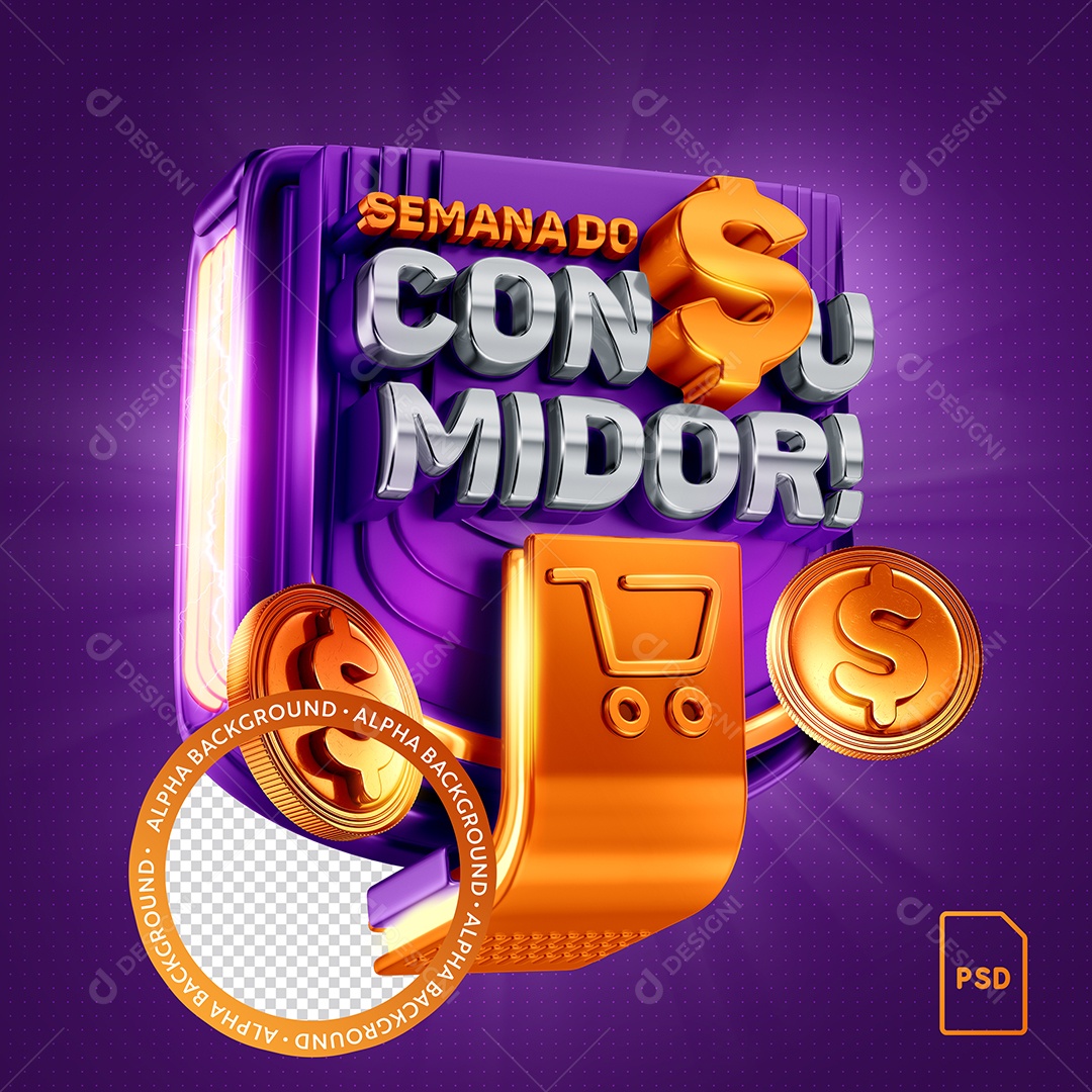 Semana do Consumidor Selo 3D Laranja Roxo para Composição PSD
