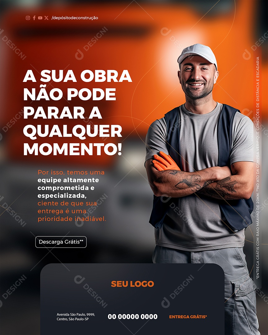 Construção a sua Obra não Pode parar a Qualquer Momento Social Media PSD Editável