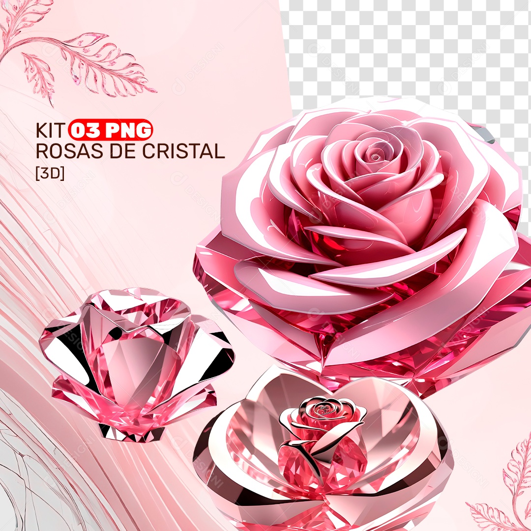 Kit 3 PNG Rosas de Cristal Rosa Elemento 3D para Composição PSD