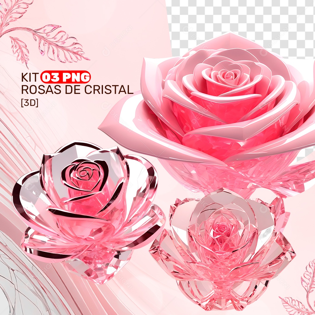 Kit 3 PNG Rosas de Cristal Rosa Elemento 3D para Composição PSD