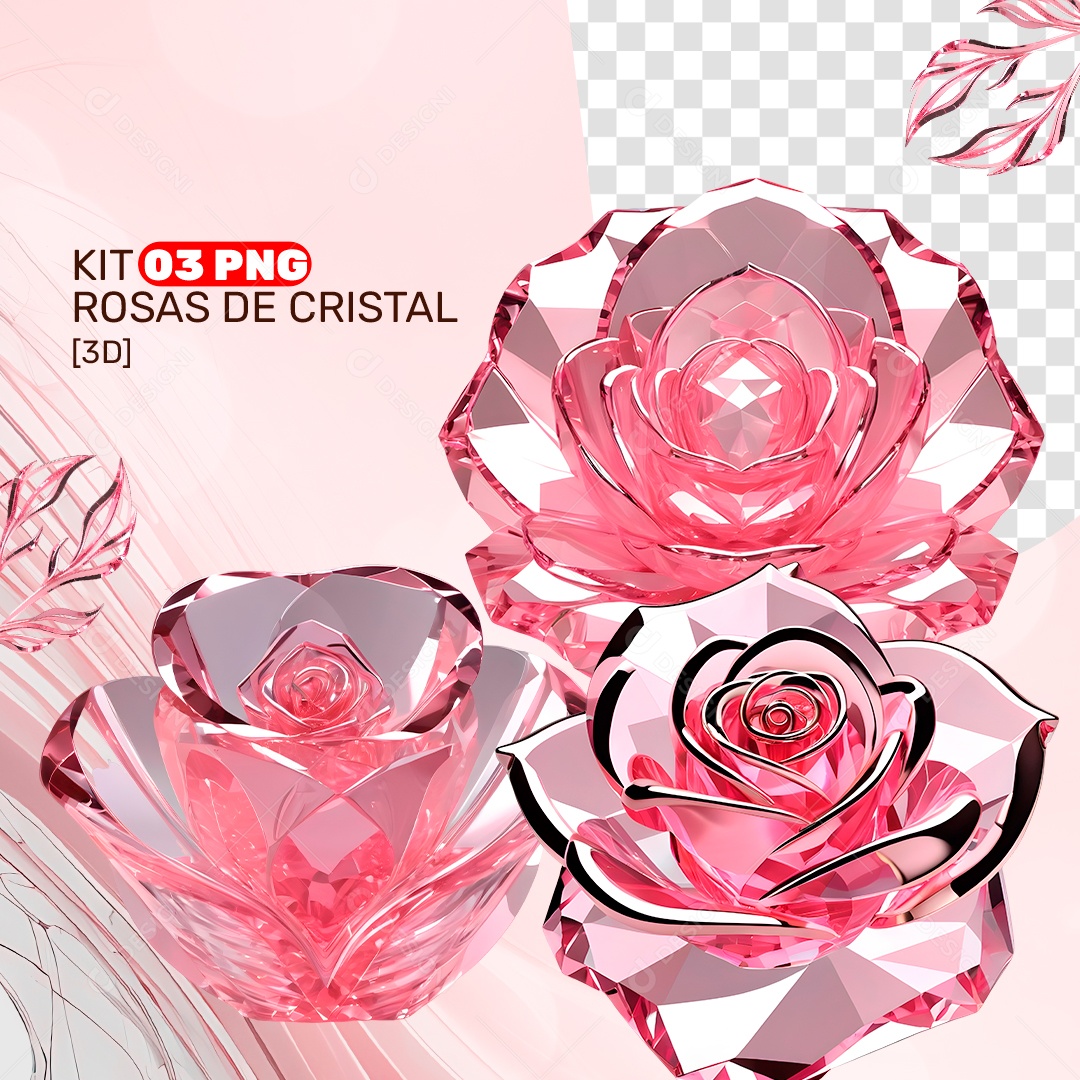 Kit 3 PNG Rosas de Cristal Elemento 3D para Composição PSD