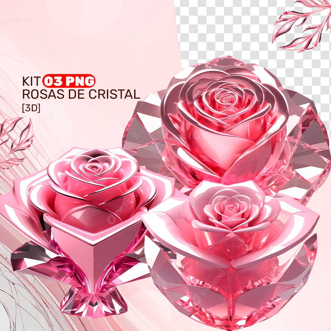 Kit 3 PNG Rosas de Cristal Rosa Elemento 3D para Composição PSD