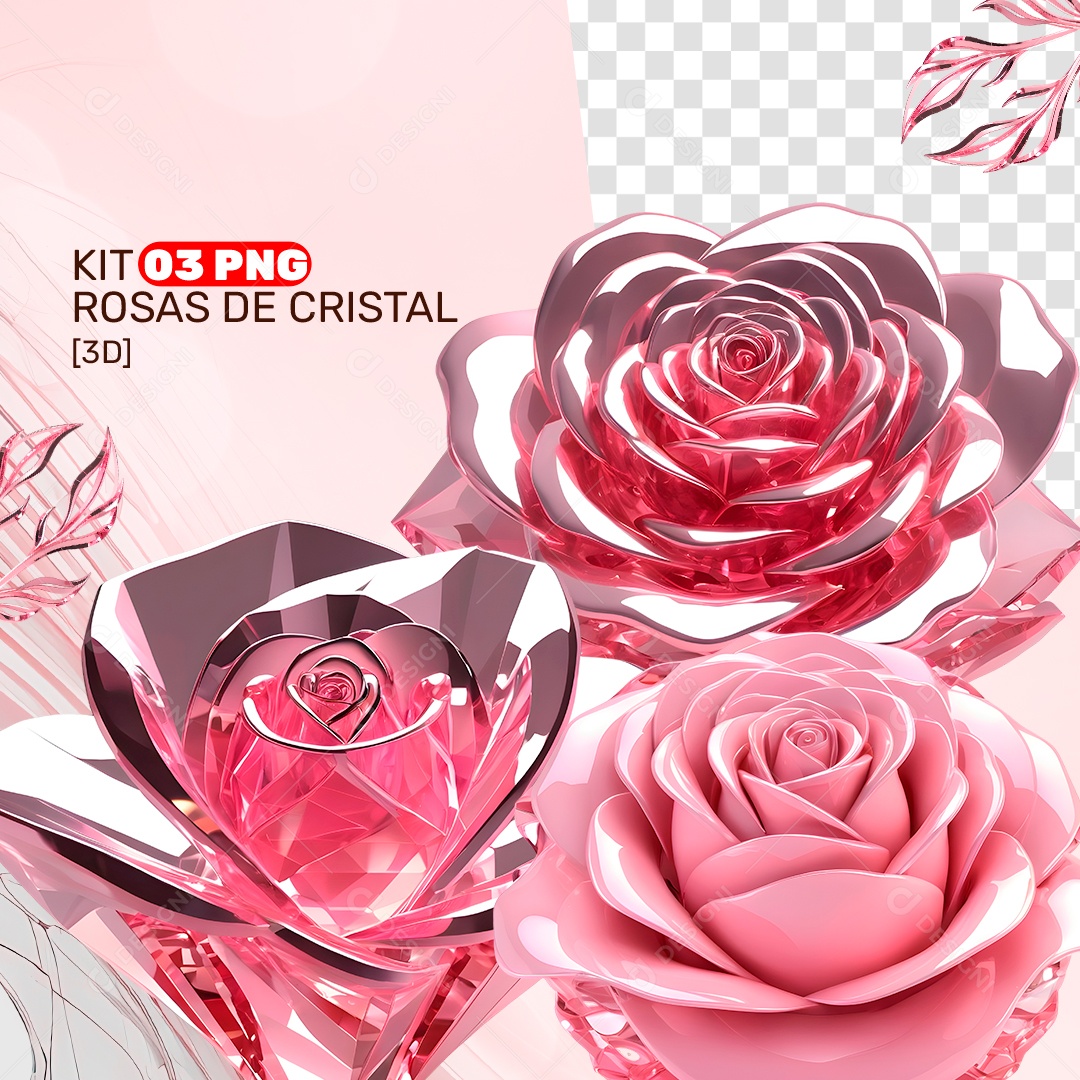 Kit 3 PNG Rosas de Cristal Elemento 3D para Composição PSD