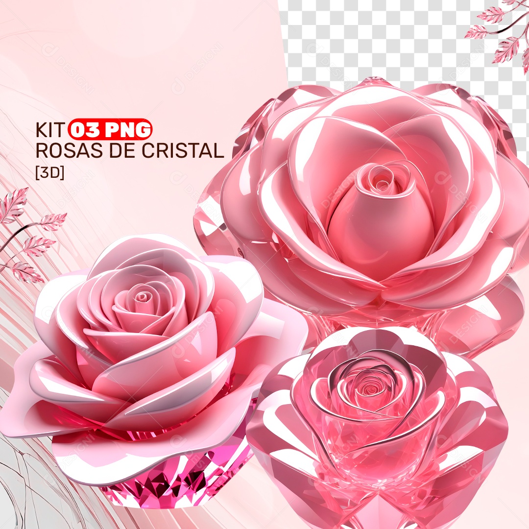 Kit 3 PNG Rosas de Cristal Rosa Elemento 3D PSD + PNG