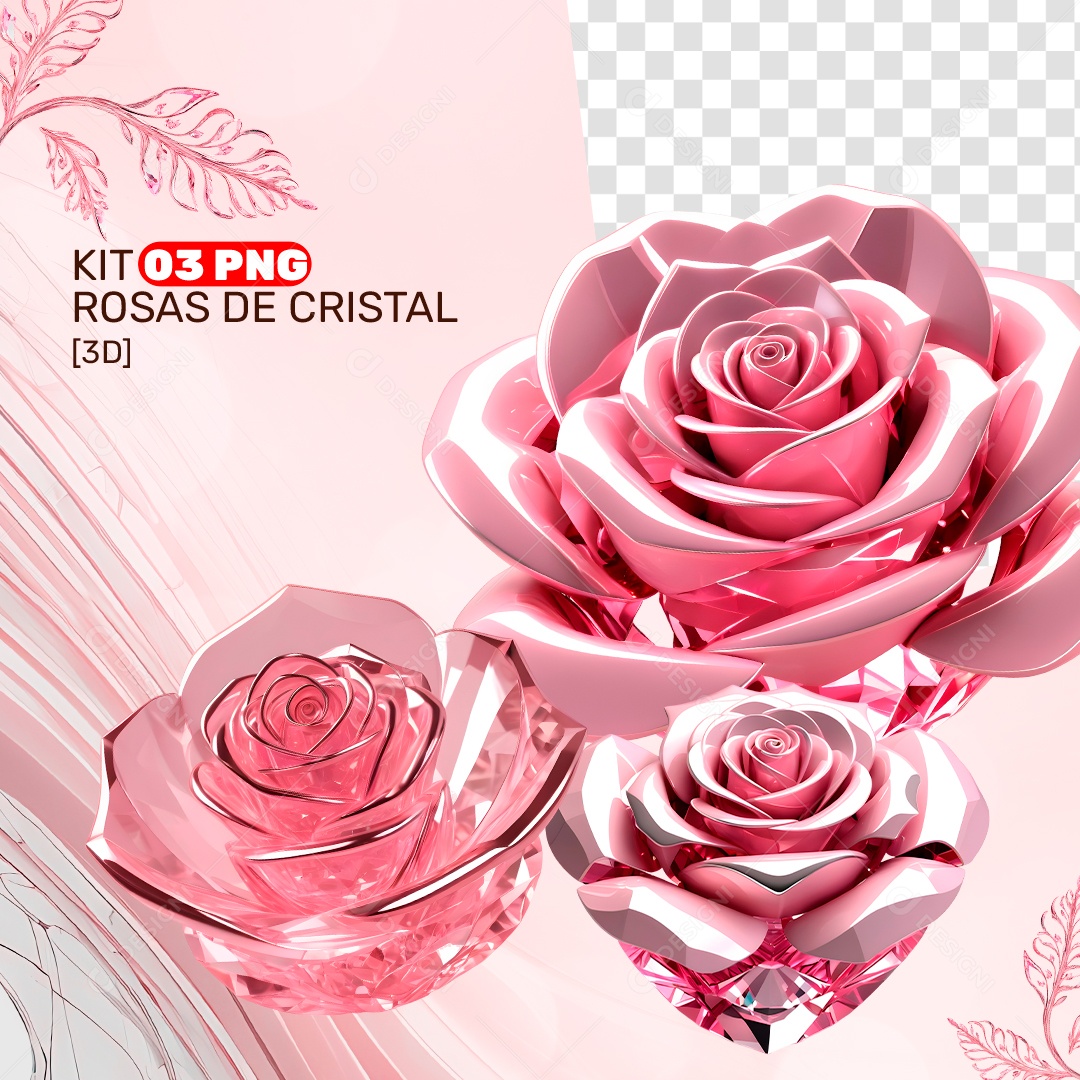 Kit 3 PNG Rosas de Cristal Rosa 3D para Composição PSD + PNG