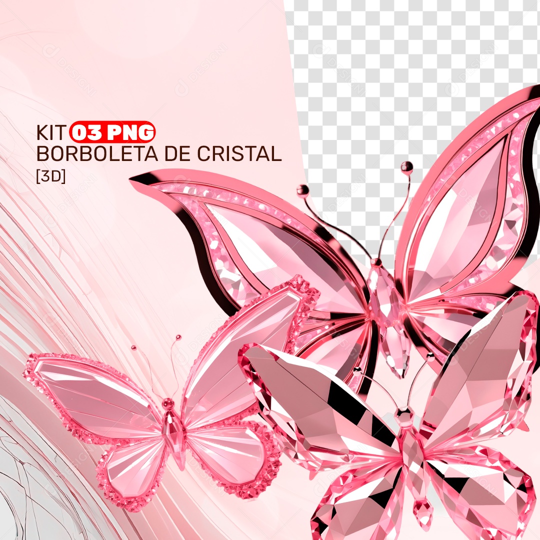 Kit 3 PNG Borboleta de Cristal Rosa 3D para Composição PSD