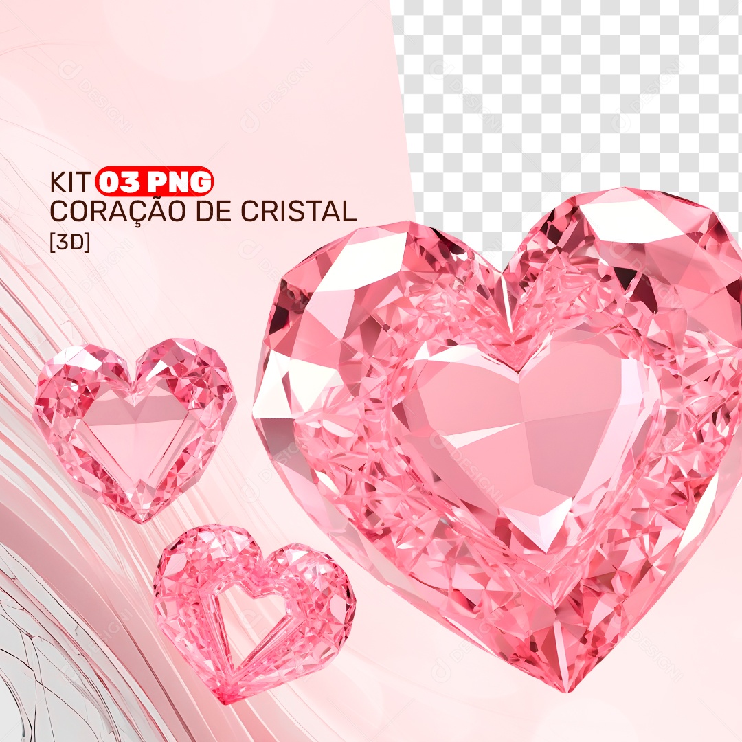 Kit 3 PNG Coração de Cristal 3D para Composição PSD