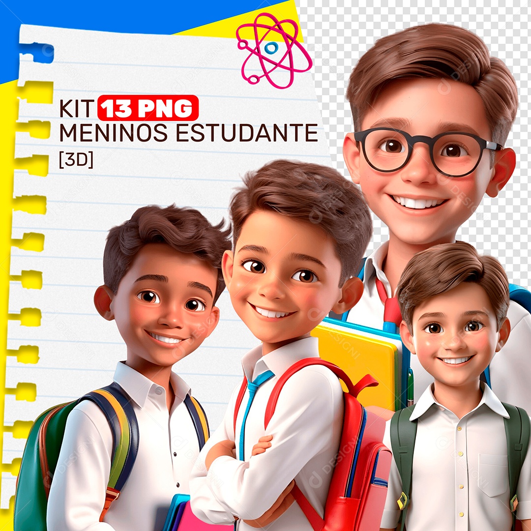 Kit 13 PNG Meninos Estudante Personagens 3D para Composição PSD