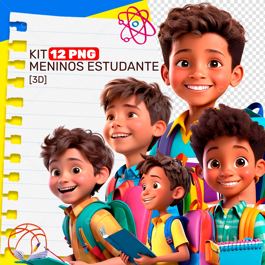 Kit 12 PNG Meninos Estudante Personagens 3D para Composição PSD