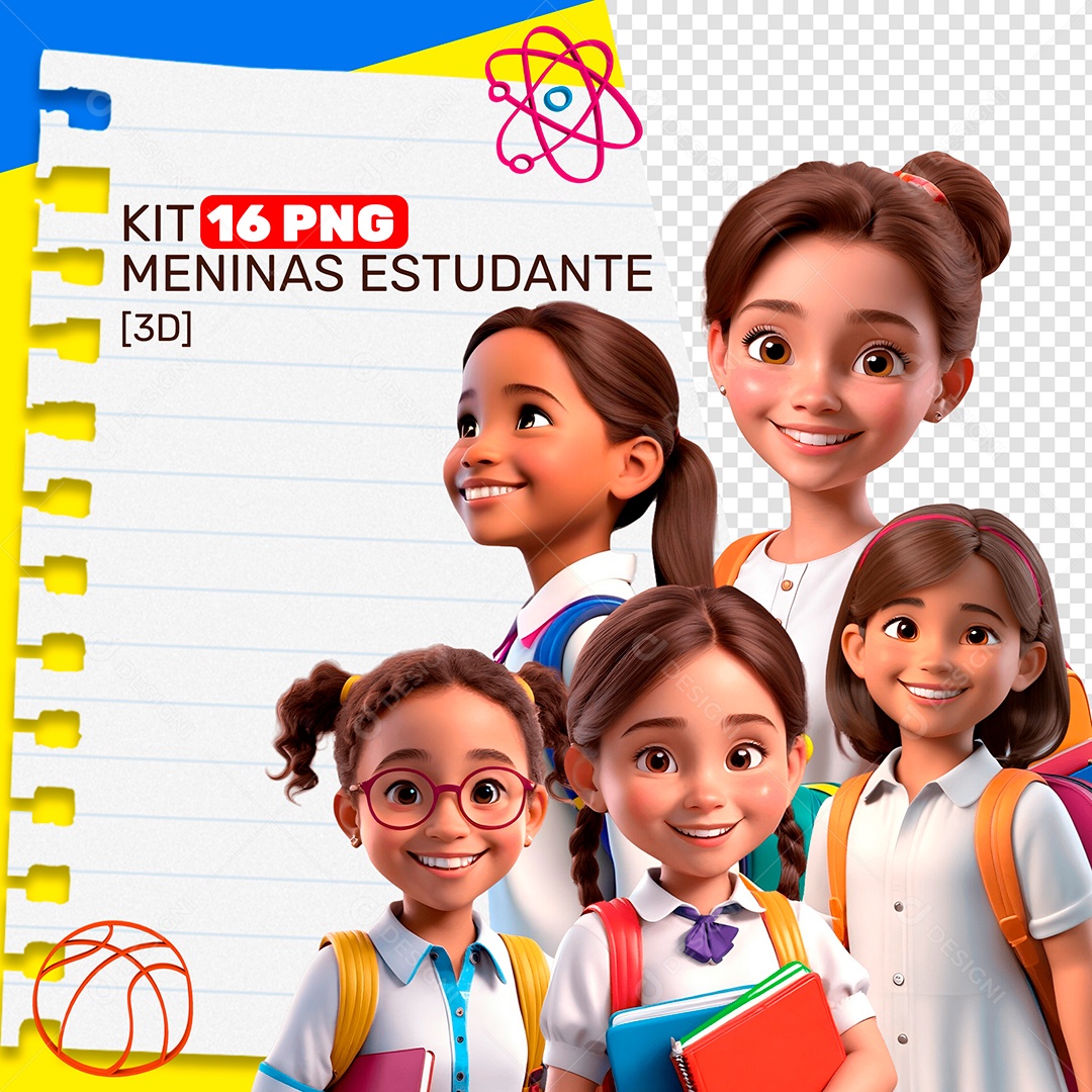 Kit 16 PNG Meninas Estudante Personagens 3D para Composição PSD