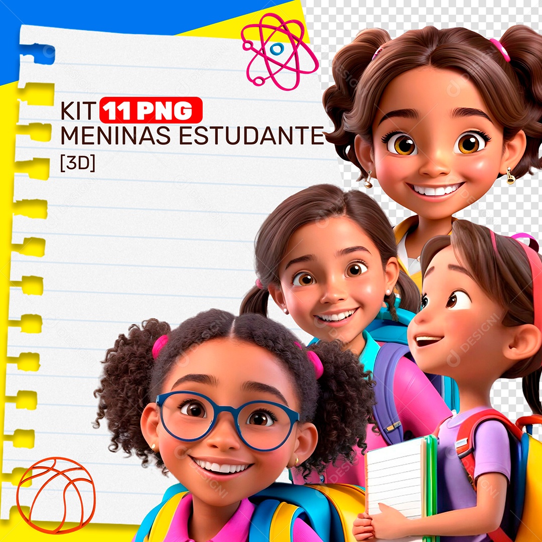 Kit 11 PNG Meninas Estudante Personagens 3D para Composição PSD