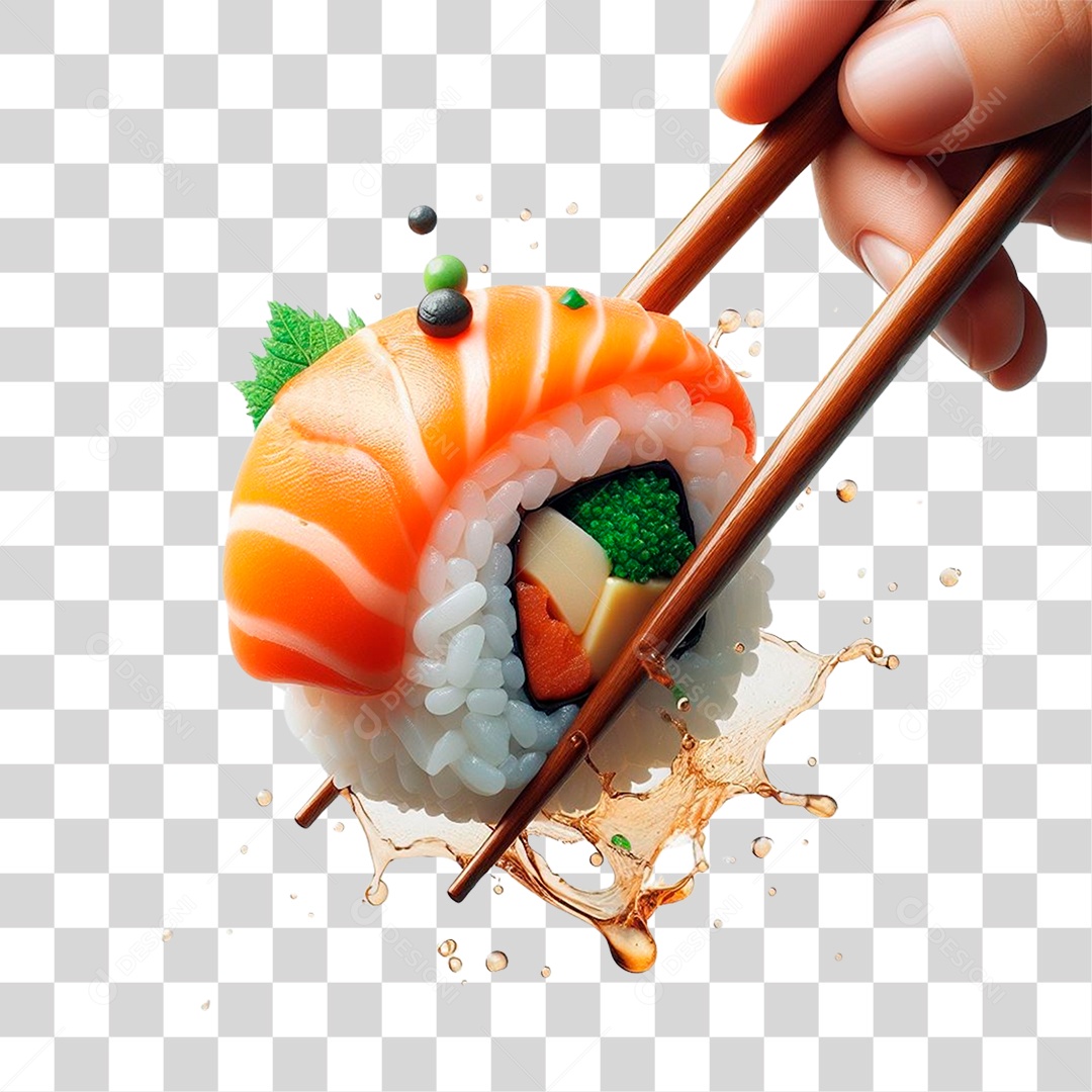 Mão com Hashi e Sushi PNG Transparente