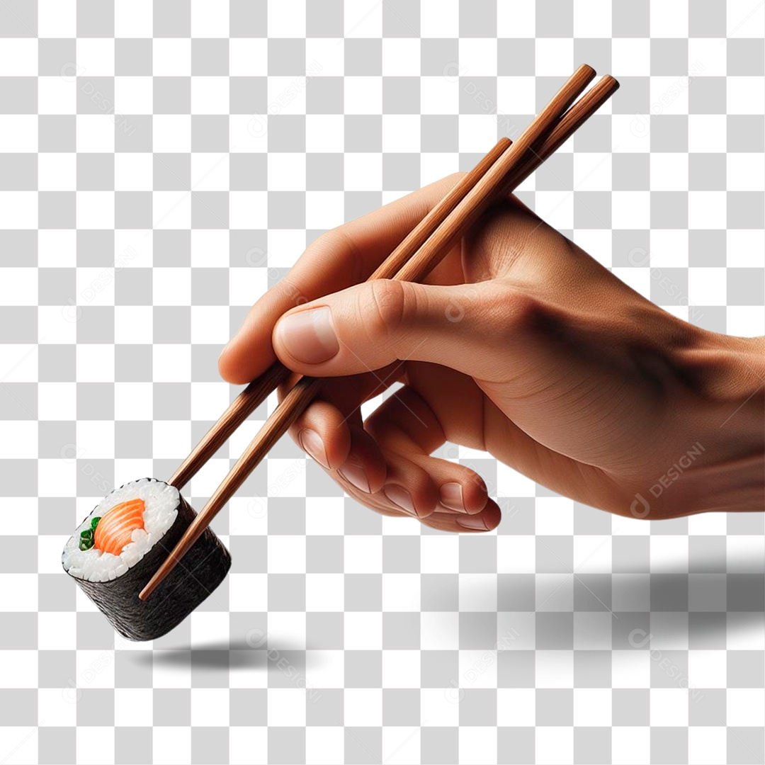 Mão com Hashi e Sushi PNG Transparente