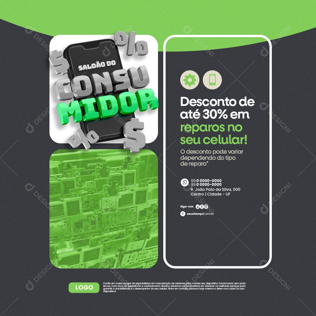 Manutenção De Celulares Saldão do Consumidor Desconto de até 30% Social Media PSD Editável