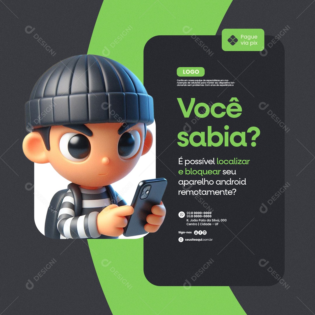 Manutenção De Celulares Você sabia é possível localizar e bloquear Social Media PSD Editável